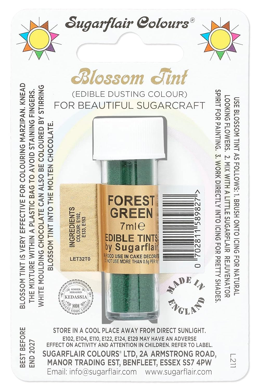 Madfarvepulver Sugarflair Blossom Tint Dusting Forest Green - Madfarvepulver til dekoration af farvet sukkerpasta, fondant, glasur, chokolade, smørcreme, makroner - 7ml