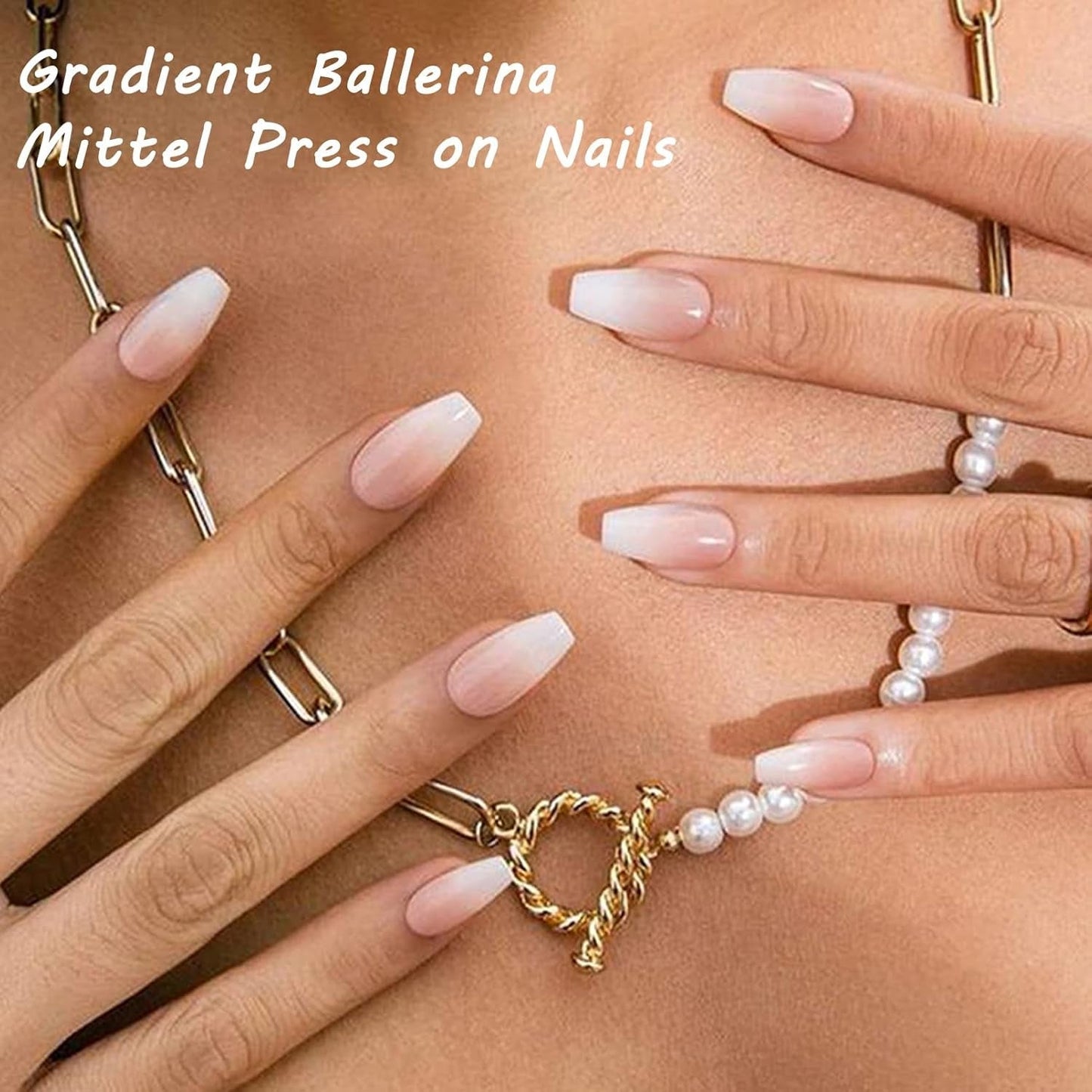 360 stk Gradient Ballerina Falske Negle Sæt, Pink White Gradient Lime-on kunstige negle med 2 stk Nail Oil Penne, Ombre Medium Fake Neils for Women DIY