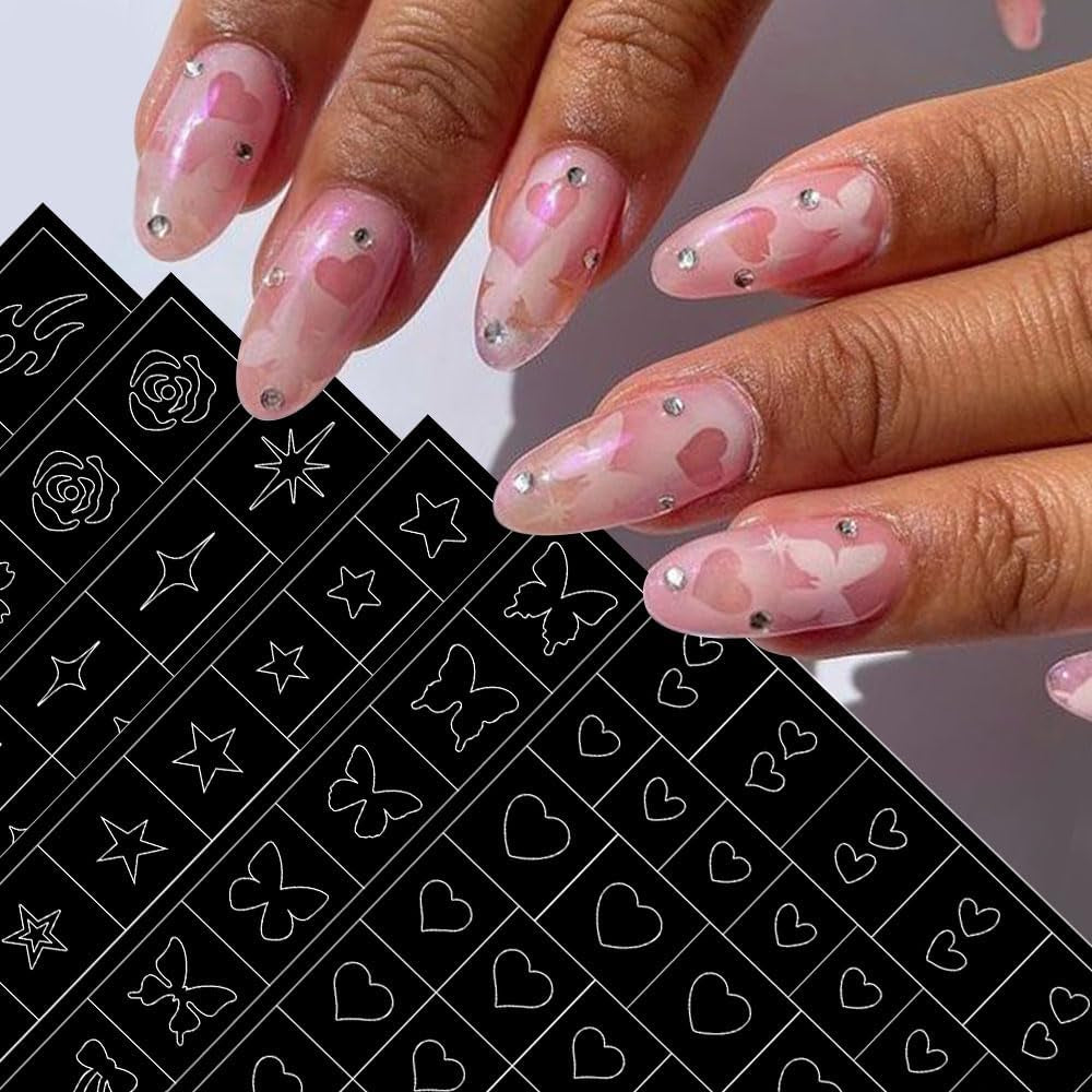 6 ark Airbrush-skabelon Nail Stickers, Butterfly Flame Stars Heart Stars Nail Stickers Printing Stencil Tool Nail Art Selvklæbende Stickers til Kvinder Nail Art Design Stickers