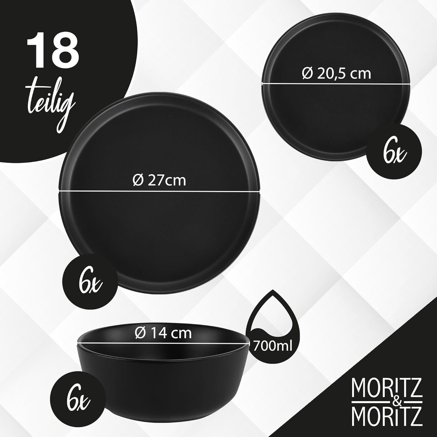 Moritz & Moritz NORDIC 6-personers porcelænssæt - 18-delt sort stentøjsstel - skandinavisk design - 6-personers robust stel til daglig brug og gæster - Kombinationsstel