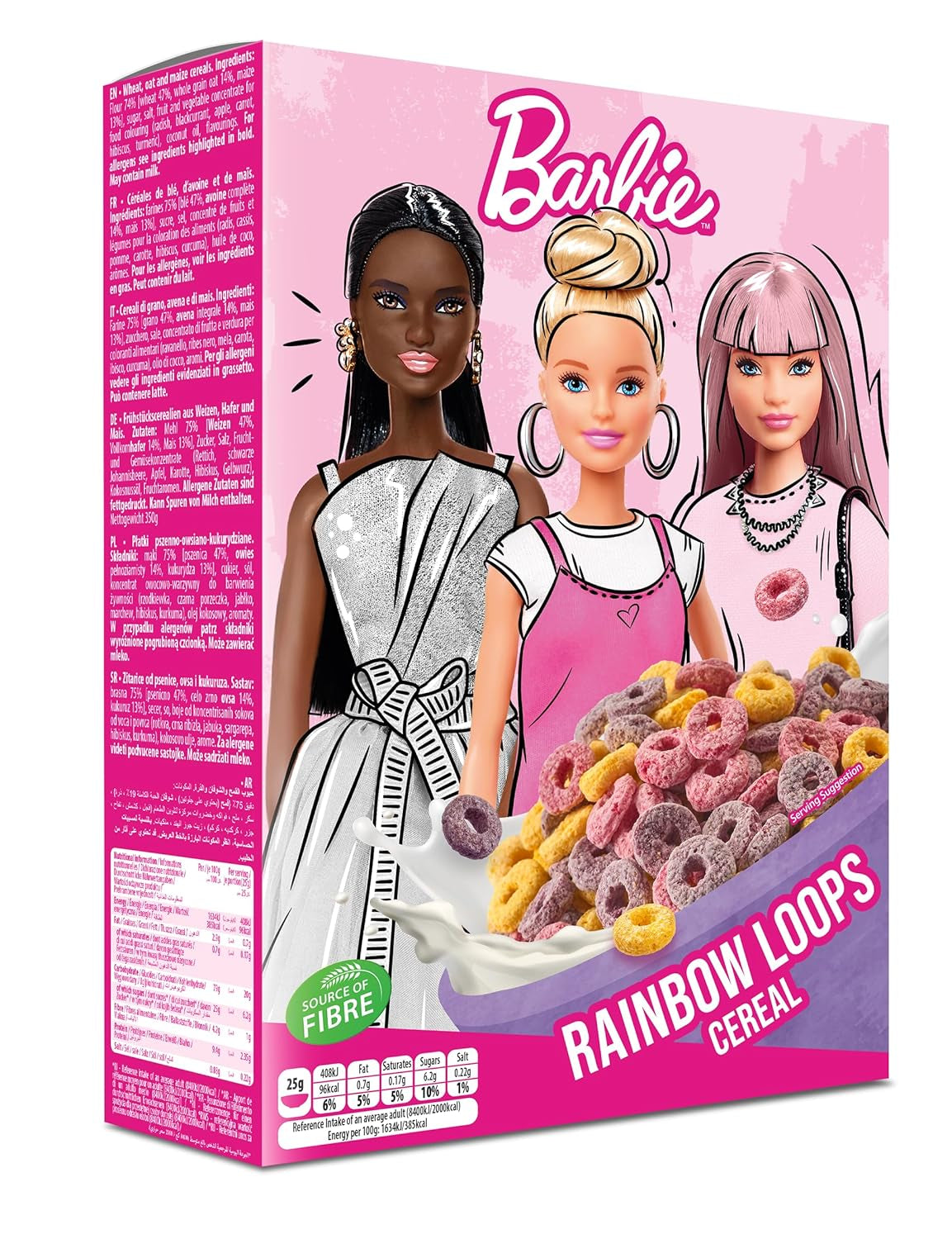 Barbie Rainbow Loops korn, farverige ringe af hvede, havre og majs med frugtsmag til den perfekte morgenmad, 1 pakke (1 x 350 g)