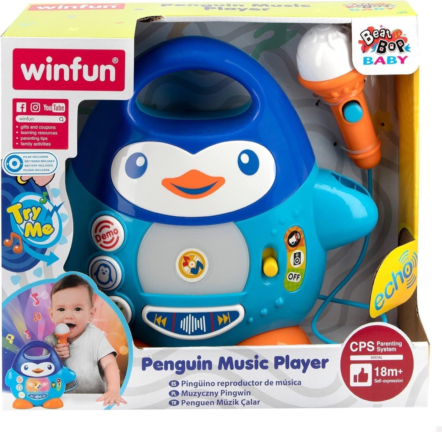 WinFun karaoke musikafspiller, pingvindesign, med blinkende lys og ekkoeffekter, i blå, legende stil, USB-tilslutning Baby Toys Naty Shop