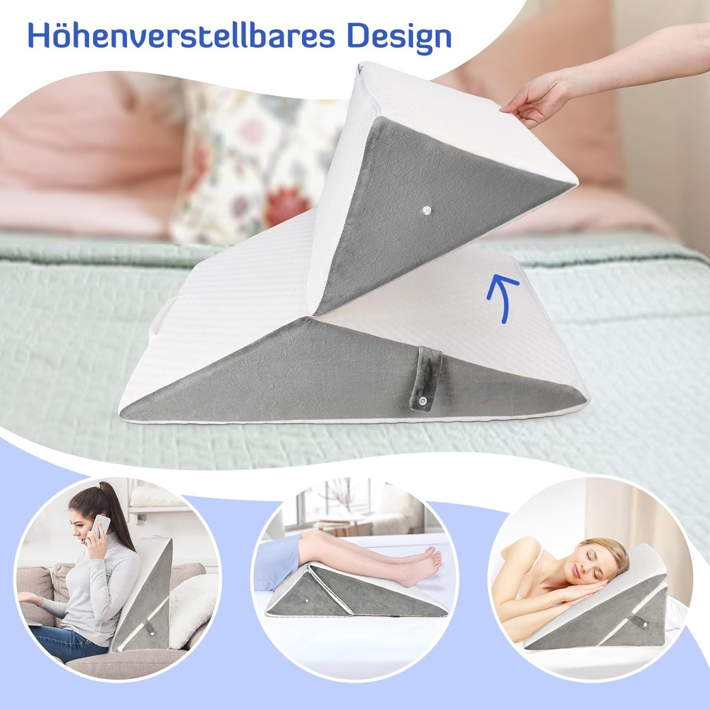 BØRN Justerbar kilepude, skumlæsepude med høj densitet til seng og sofa, ergonomisk seng med kilehovedpude til søvnrefluksapnø, benpude/rygpude til leg og læsning (hvid og grå)