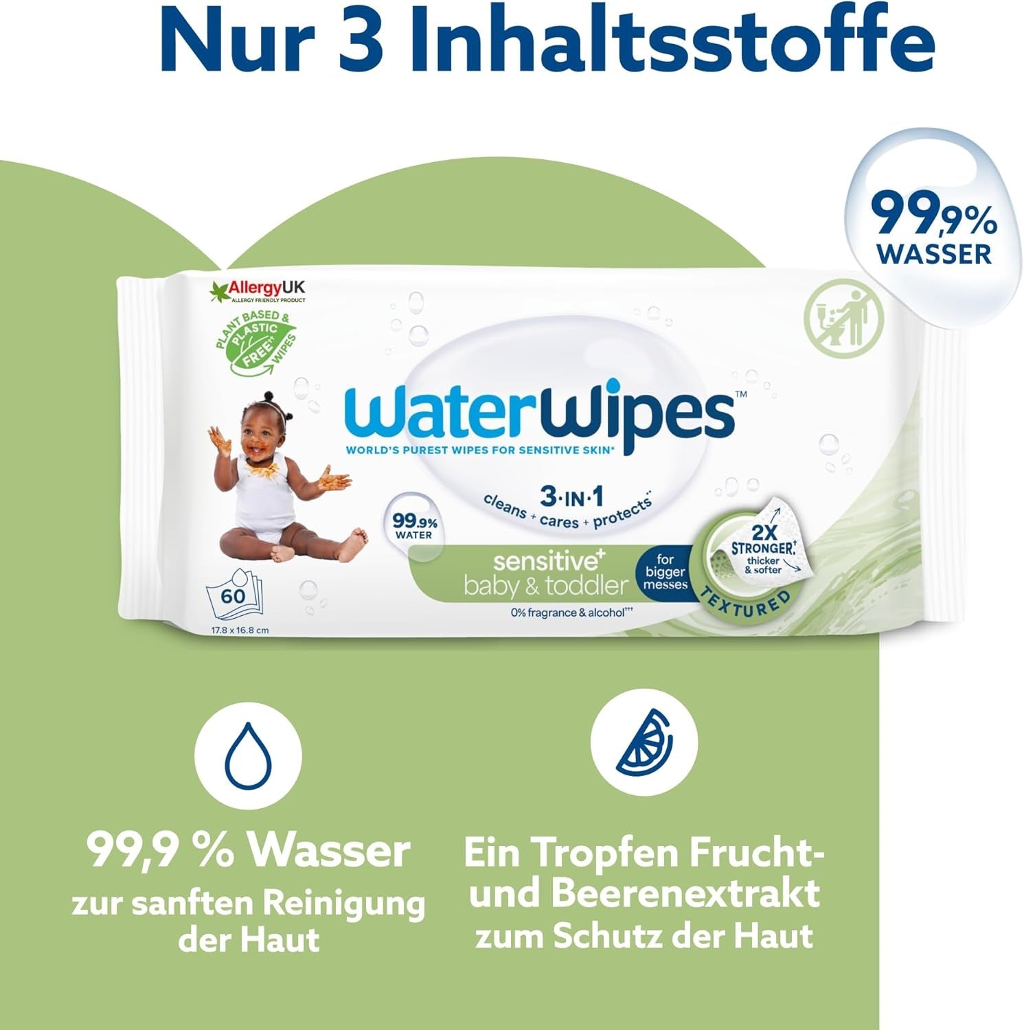 WaterWipes Sensitive+ vådservietter til baby og småbørn, 720 Count (12 Pack), 3-i-1 rengøring, pleje, beskyttelse, 99,9 % vand, tekstureret rensning, parfumefri