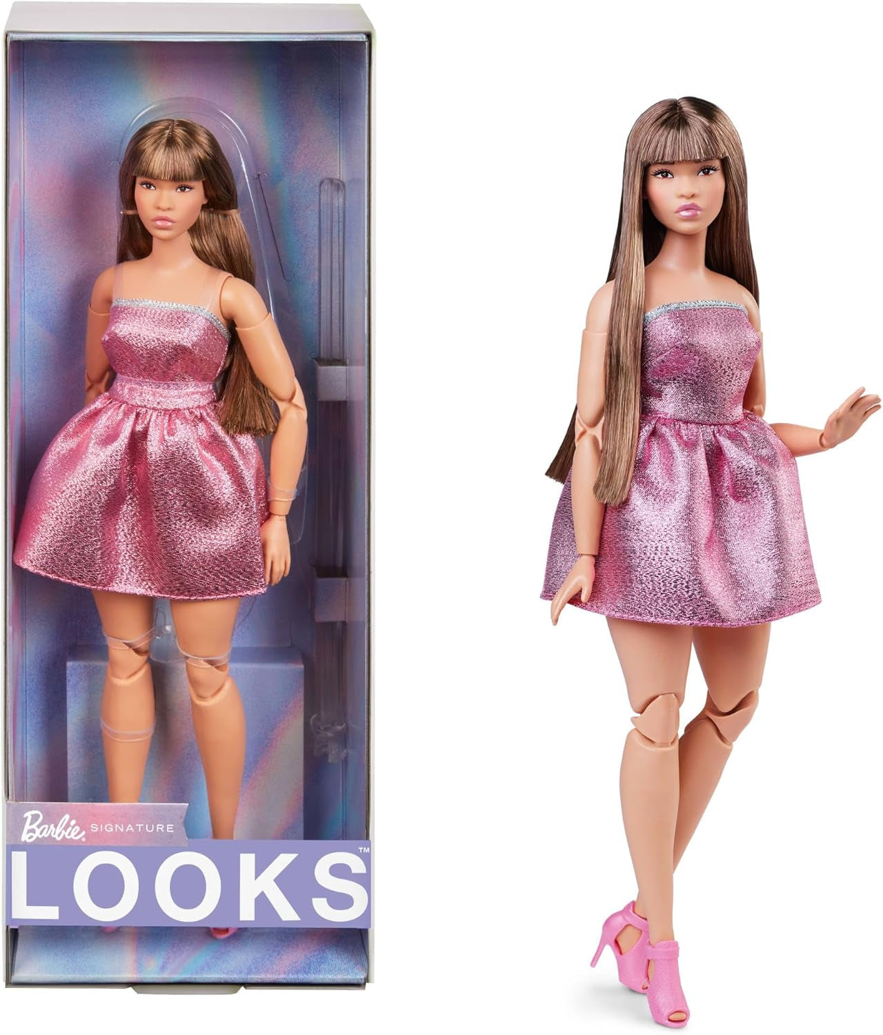 Barbie Looks-dukke, samlerfigur nr. 24 med brunt hår og moderne Y2K-mode, glitrende stropløs kjole med peep-toe høje hæle, HRM16 Naty Shop Dolls Standardtitel