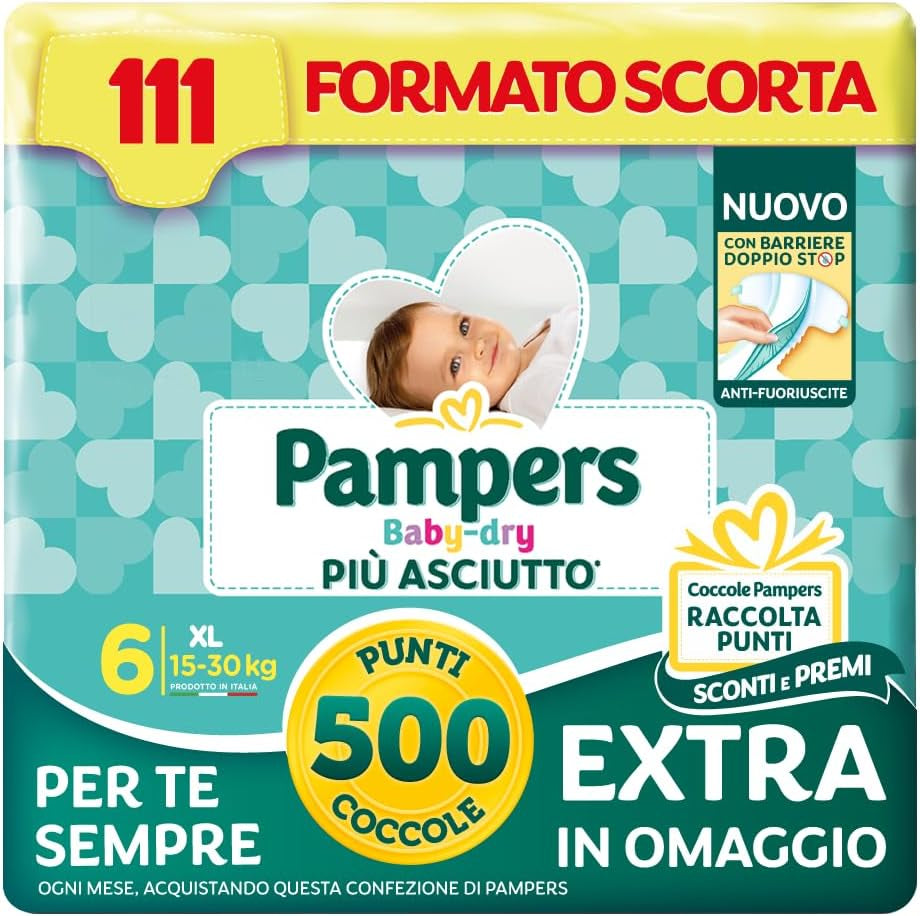Pampers Baby Dry XL størrelse 6 (15-30 kg), 111 bleer + 500 gratis ekstra puttepoint