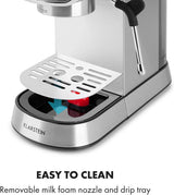 Klarstein Futura Espressomaskine, Bærbar Filter Espressomaskine, 1450 W, 20 bar, Barista Kvalitet, Dobbeltmundstykke, Flowstop, Bærbar Filter Espressomaskine, Mælkeskummerfunktion, Sølv
