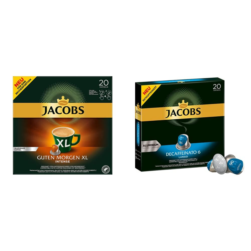 Jacobs Kaffeekapseln Guten Morgen XL Intense - 10er Pack (10 x 20 Getränke) & Kaffeekapseln Lungo Decaffeinato- Intensität 6- 200 Nespresso-kompatibel Kapseln, 10er Pack, 10 x 20 Getränke