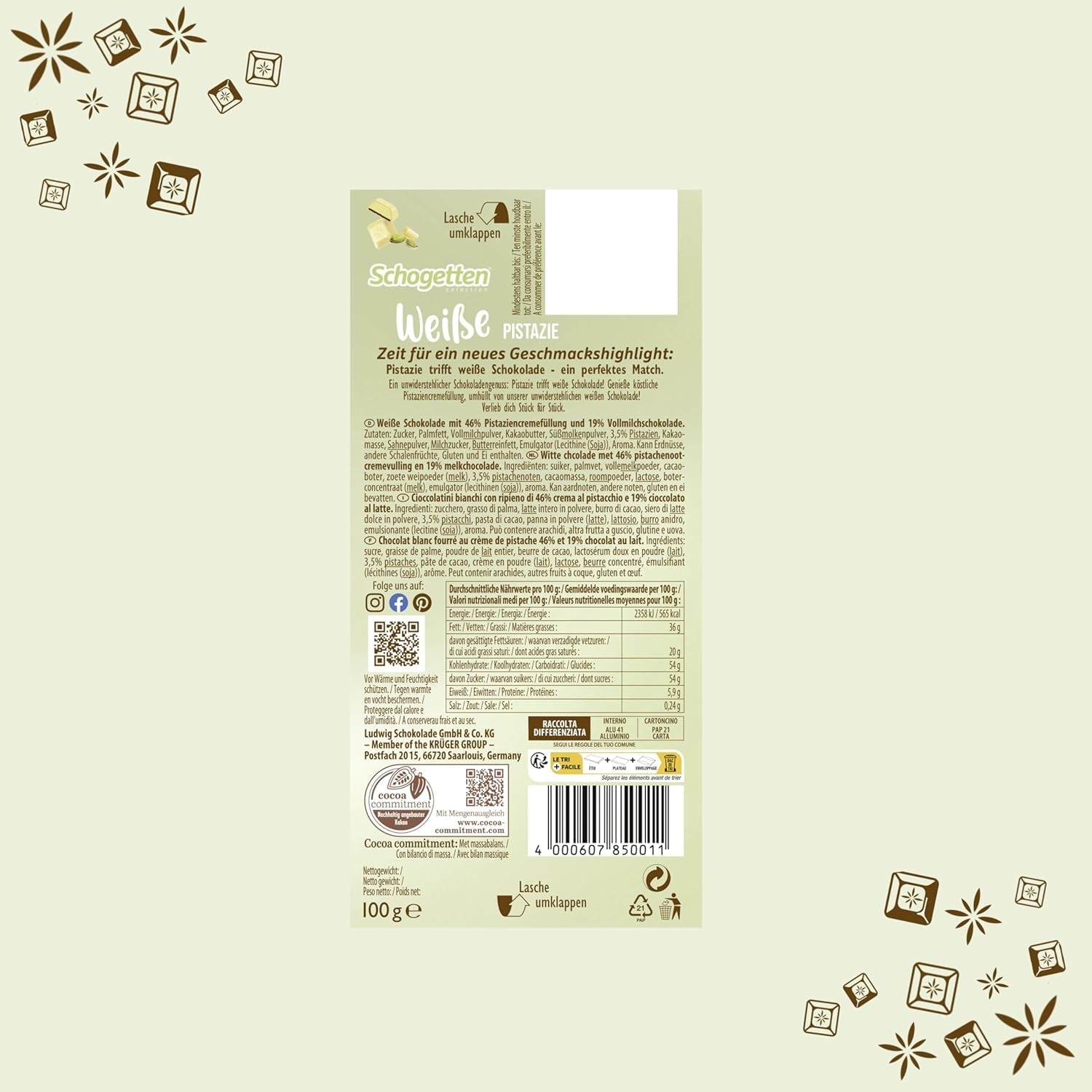 Schogetten hvid pistacie | Hvid chokolade med pistaciecremefyld | 100 g | Bekvemt portioneret (pakke med 3)