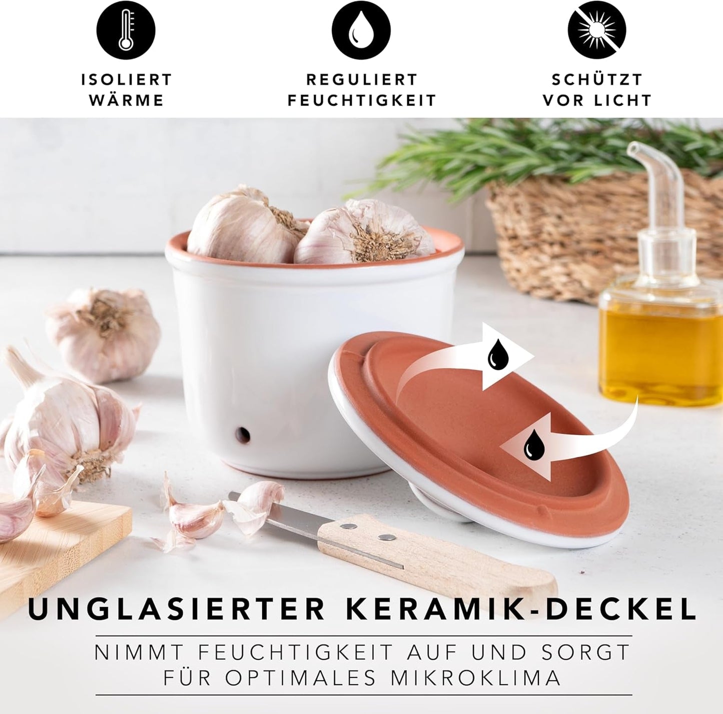 Römertopf Fresh Pot MINI 0,6 liter - Keramisk hvidløgsgryde - Åndbart ler holder grøntsager friske i længere tid - Ideel luftcirkulation - Hvide madkasser Naty Shop