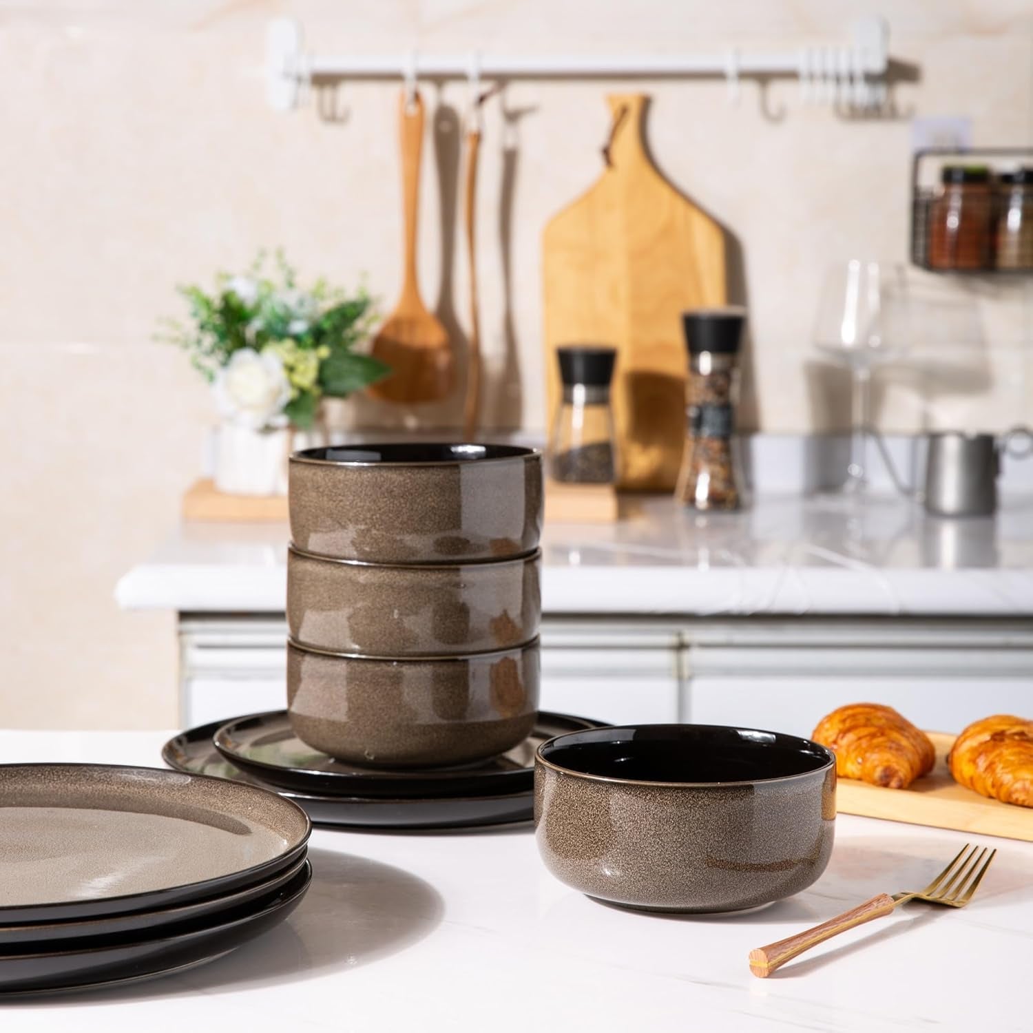 LeRatio 6-personers porcelænssæt, 18-delt porcelænsstel, reaktiv glasur, ridsefast skål og tallerkensæt, tåler opvaskemaskine og mikroovn, service