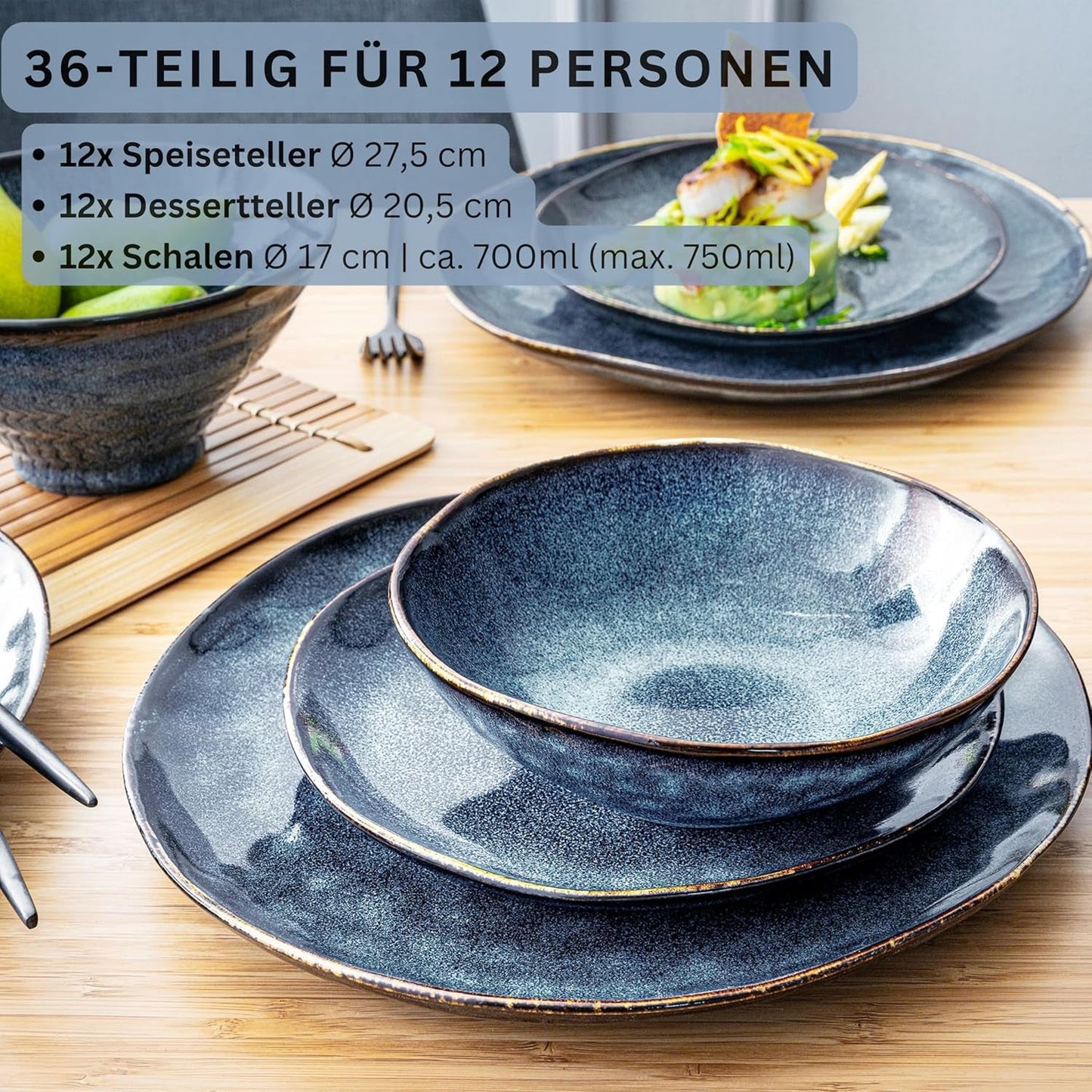 Sänger | Tokyo 36-delt servisesæt 12-personers porcelænsstel Moderne håndlavet mørkeblåt porcelæn med sorte accenter | PREMIUM KOLLEKTIONEN