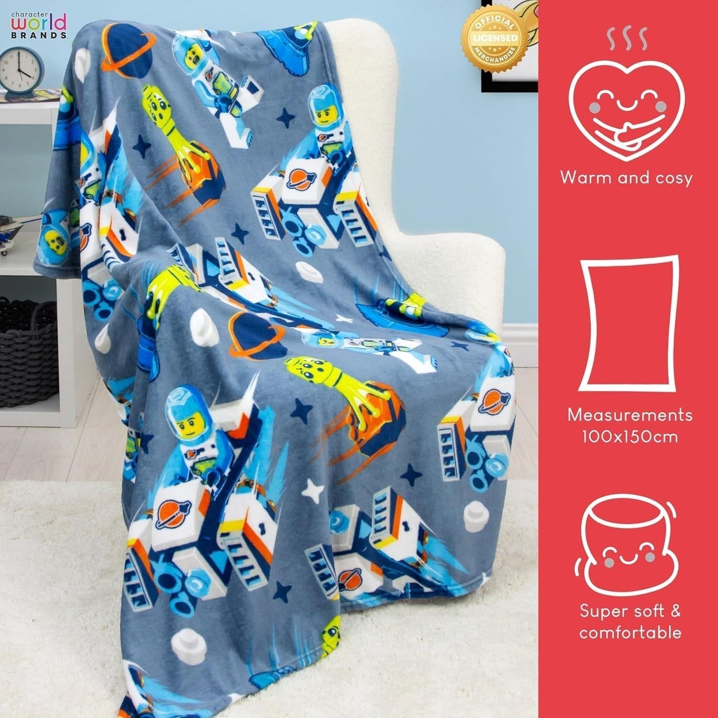 Character World Official Lego® City Fleece-tæppe, Superblødt, Varmt Blåt Throw, Cityspace Design, Perfekt til soveværelser, camping og sove, 100 X 150 Cm senge og tæpper Besuche den Character World-Store