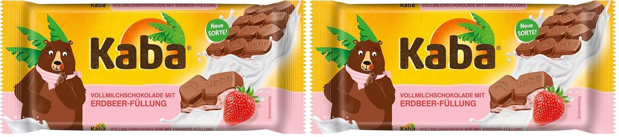 Kaba mælkechokolade med jordbærcreme, fyldt chokoladebar, 90 g bar, smelte-i-mund-chokolade med jordbærcreme og original Kaba-smag (pakke med 2)