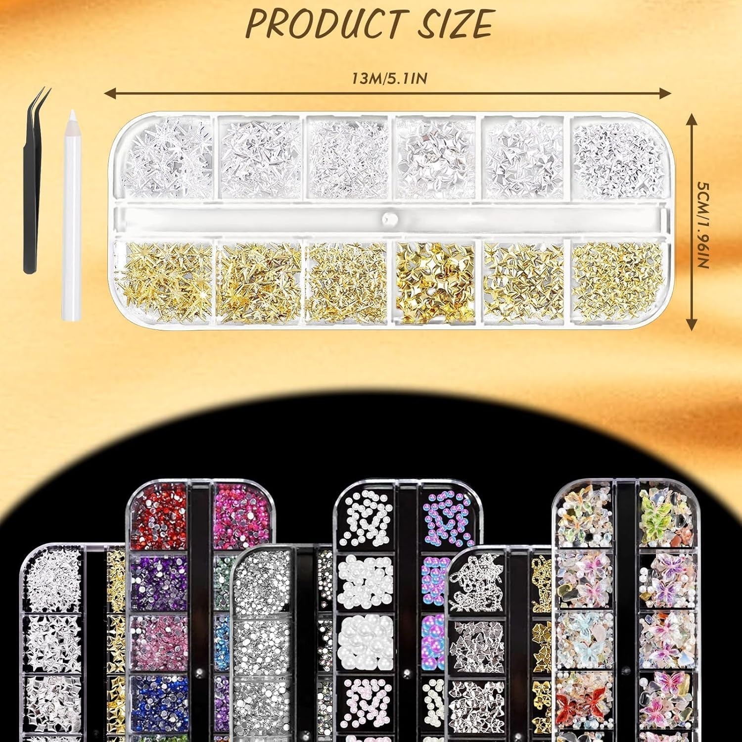 Nail Charms,6 Boxen Gold Silber Nagel Charms 3D Gold Bogen Stern Nail Art Dekoration+6200 Strasssteine ​​Bunt Steine ​​​​AB Perlen Diamanten,3D Legierung Bow Nail Gems Nagel Deko Für Frauen Nagel (6-A)