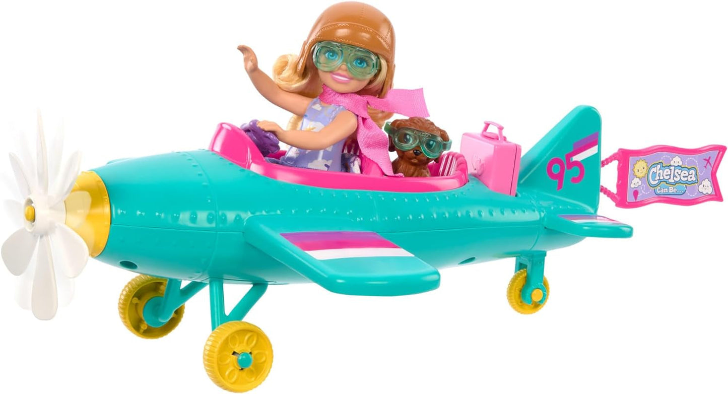 Chelsea Barbie Doll Airplane and Playset - Pilotdukke, flyvemaskine, hvalpe- og historietilbehør, spindehjul og blomsterpropeller, 3+, HTK38