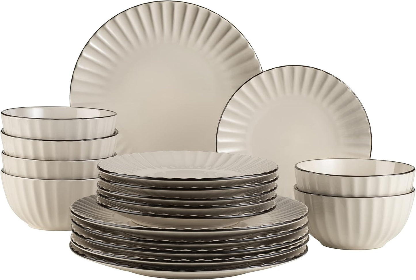 MÄSER 931967 Osita Retro Series 6-personers Wave-servicesæt, 18-delt rundt servisesæt, middagstallerkener, desserttallerkener og kornskåle, keramik, cremehvid