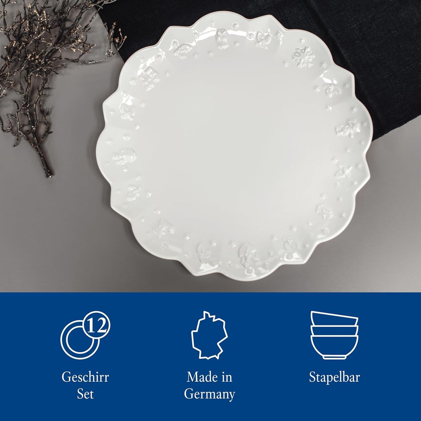 Villeroy & Boch Toy's Delight Royal Classic 8-delt porcelænssæt, Tåler opvaskemaskine og mikroovn, hvidt, tallerkener, 4-personers porcelænssæt, julestel, legetøj, premium porcelæn