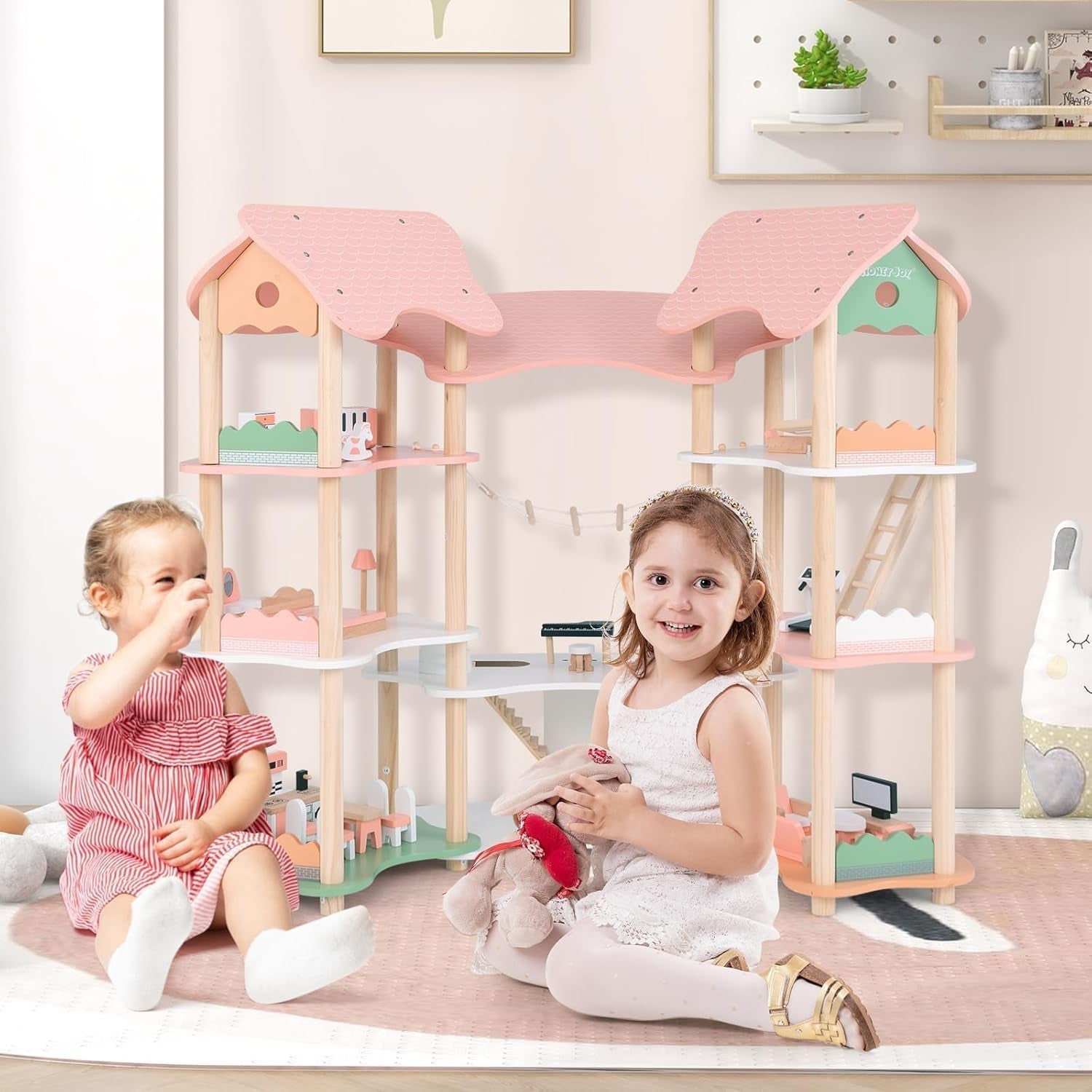 FANTASK trædukkehus, 85 cm højde 7 værelses dukkehus med 32 møbler og tilbehør, dukkehus med rebstige, dukkehusgave til 3-årige piger (model 3) Naty Shop dukkehuse