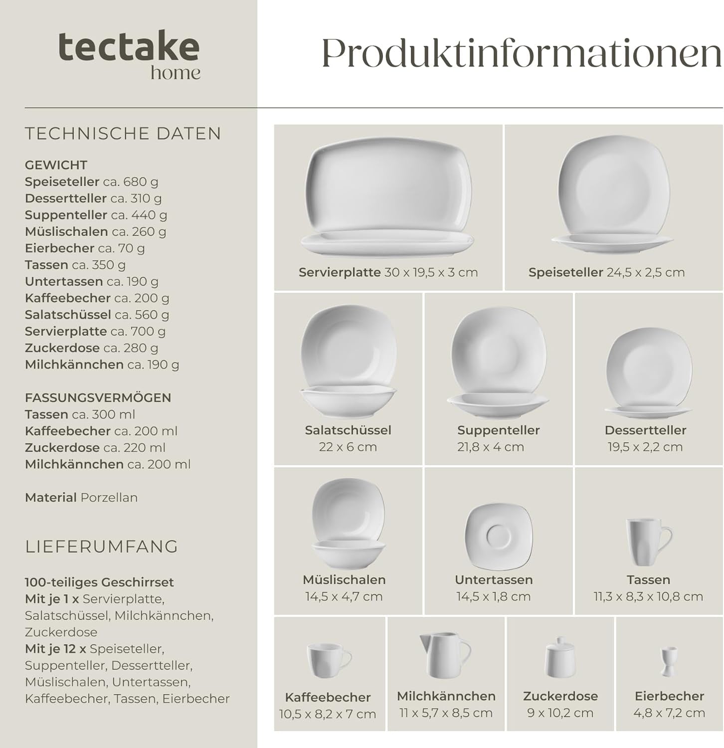 tectake® 12-personers spisestel, 100-delt porcelænsstel, inklusive 12 tallerkener, 12 desserttallerkener, 12 middagstallerkener, 12 kopper, 12 kornskåle, salatskål, mælkekande, sukkerskål