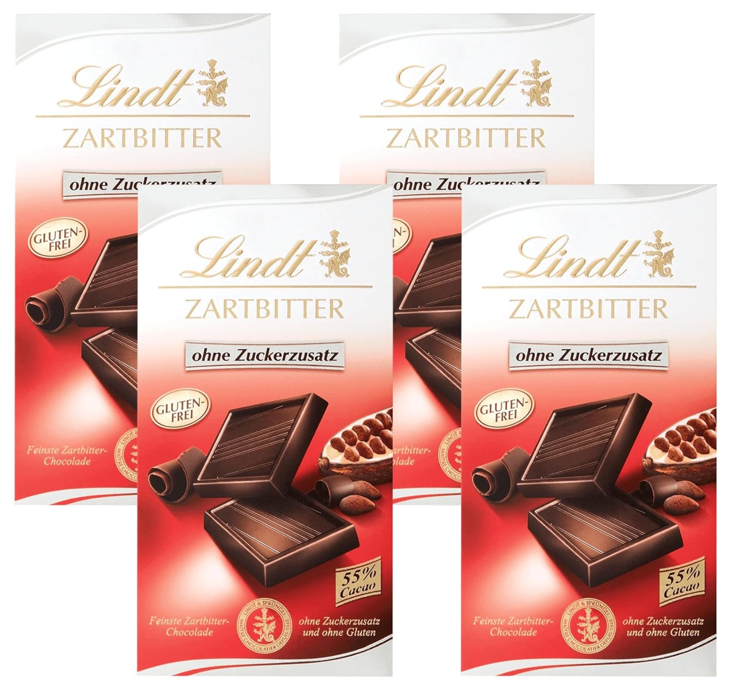 Mørk chokolade uden tilsat sukker | Tablet 100g | Den fineste med 55% kakao, glutenfri | Chokoladebar | Chokoladegavesæt (pakke med 4)