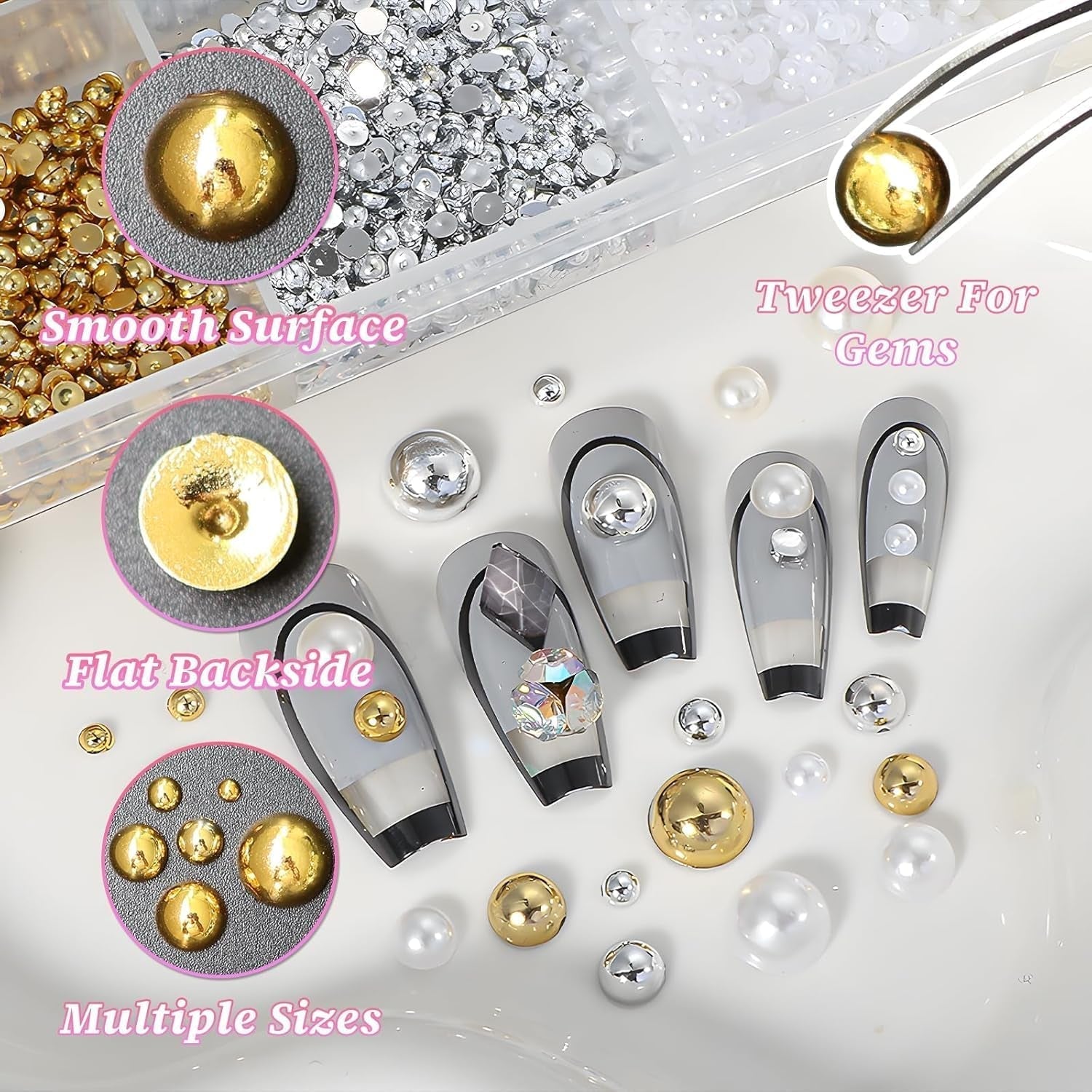 GZMAYUEN 920 stk Guld Sølv Flatback Perlen Für Nägel, Halbrunde Weiße Beige Nail Perlen, Kleine Halbrunde Flatback Perlen Für DIY Nail Art Decor