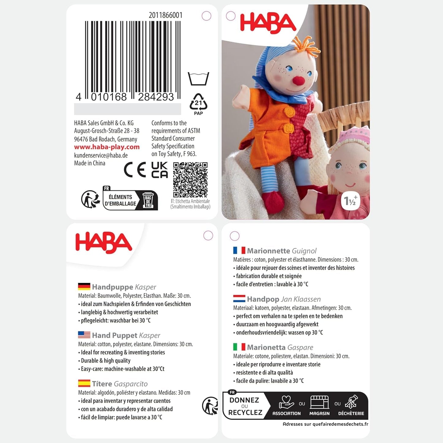 HABA Kasper hånddukke – Fra 18 måneder, Vaskes ved 30°C, Ideel til dukke- og rollespil, dukketeater – 2011866001
