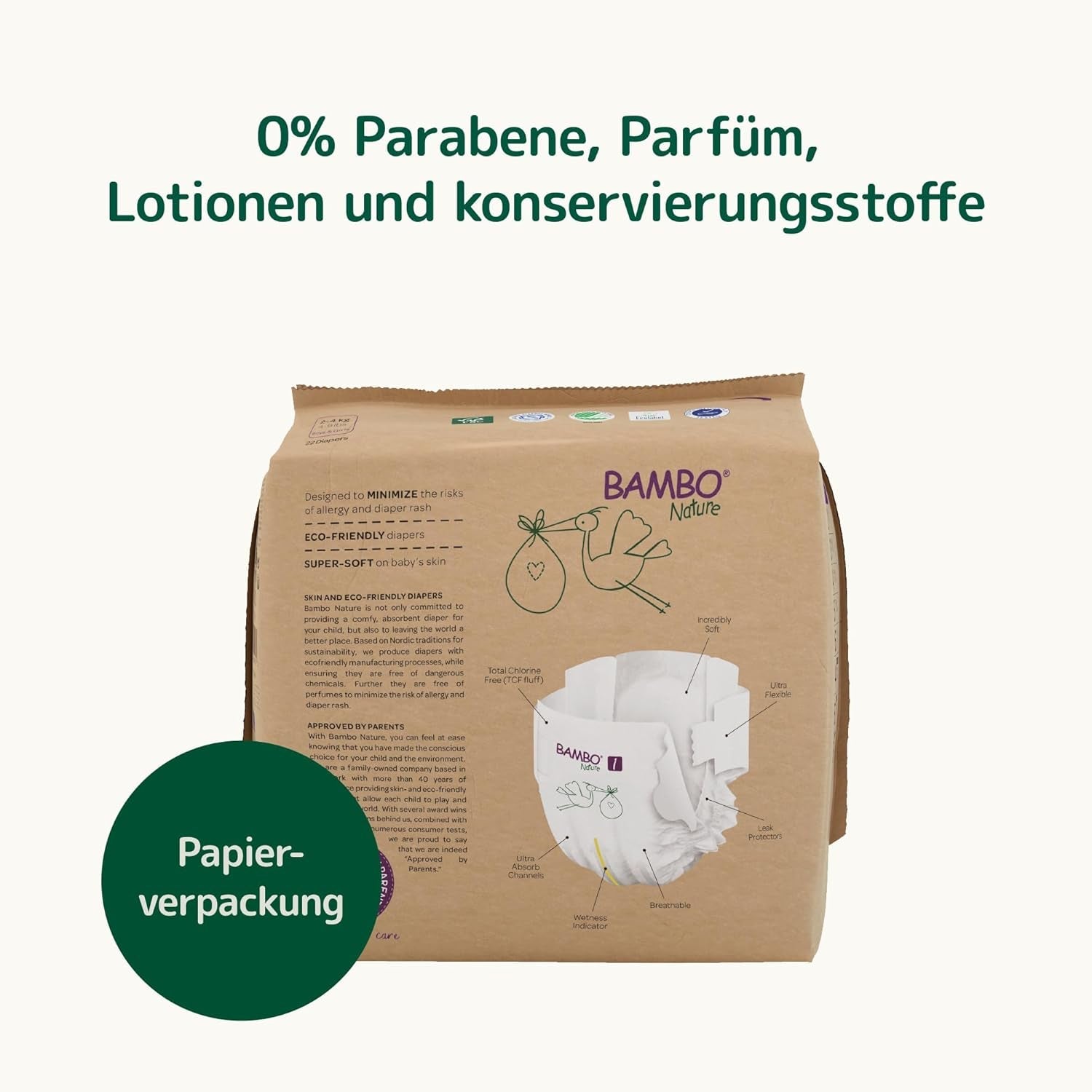 Bambo Nature Babybleer, Størrelse 1 (2-4 kg), 132 Count Månedsæske | Premium bleer med forbedret lækagebeskyttelse | Ultimativ komfort og frihed for nyfødte | Dermatologisk testede bleer