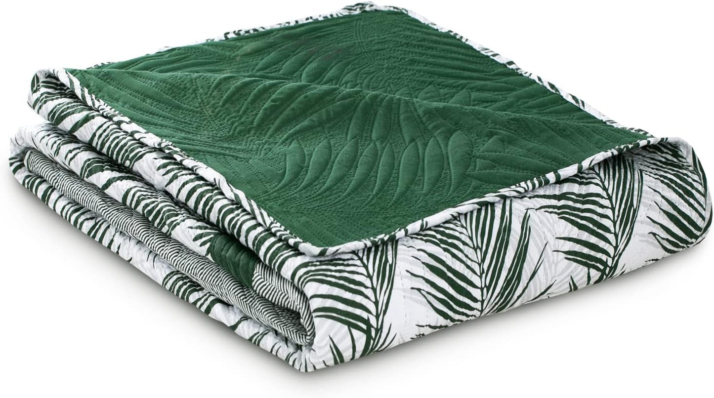Ameliahome Sengetæppe Sengetæppe 170X210 Cm Dobbeltsidet Letpleje Sengetæppe Plantemønster Grøn Hvid Tropisk Bonaire Senge og Tæpper Besuche den AmeliaHome-Store