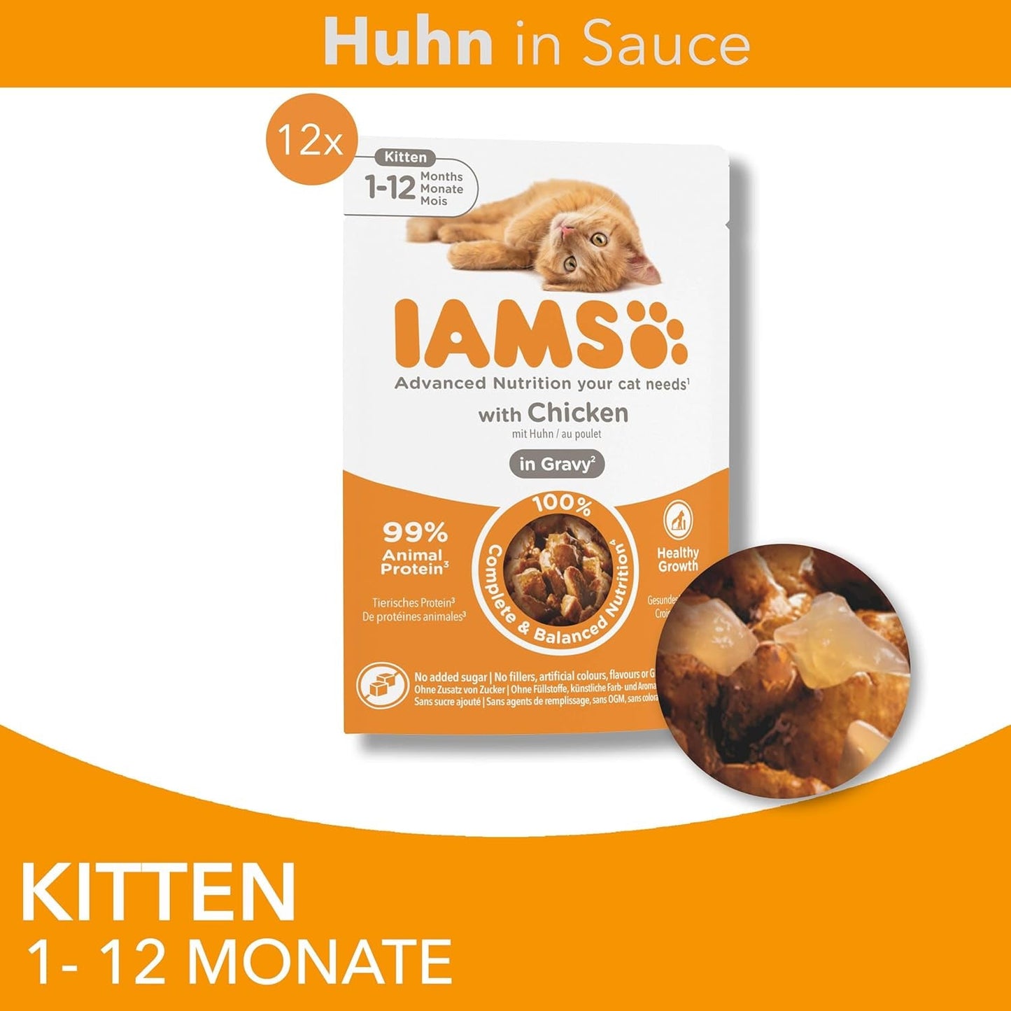 IAMS Delights Kitten Nassfutter - Multipack Katzenfutter mit Hunn i sauce, højkvalitets Futter for Junior Kätzchen af ​​1-12 Monate, 12 x 85 g