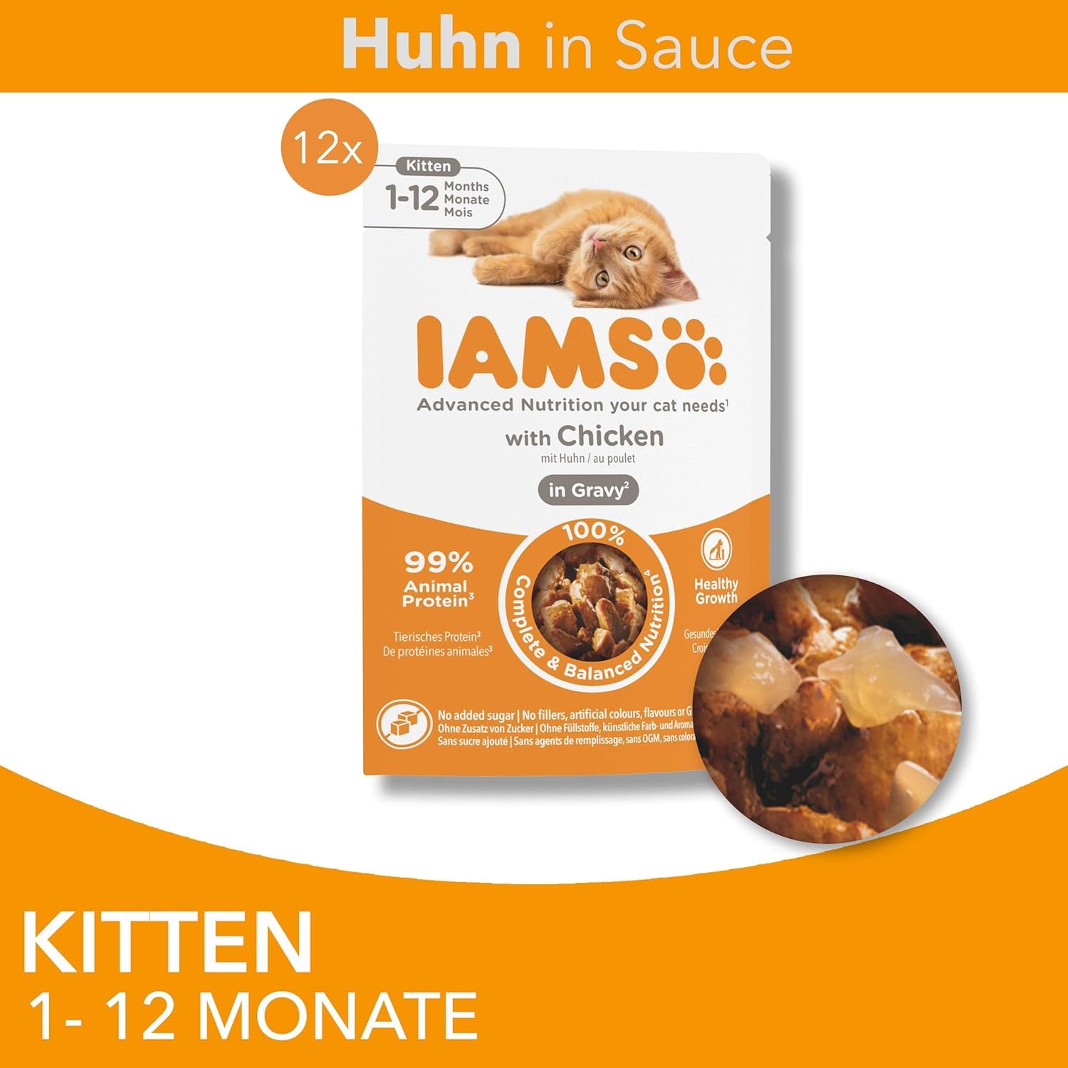 IAMS Delights Kitten Nassfutter - Multipack Katzenfutter mit Hunn i sauce, højkvalitets Futter for Junior Kätzchen af ​​1-12 Monate, 12 x 85 g