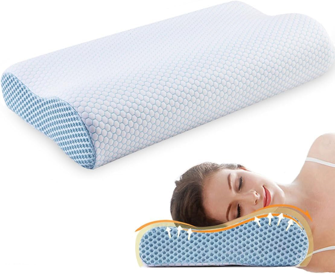 Memory Foam pude, nakkestøttepude, ergonomisk nakkepude til forskellige sovestillinger med aftageligt betræk Cervikal ortopædiske puder Naty Shop Blå og hvid