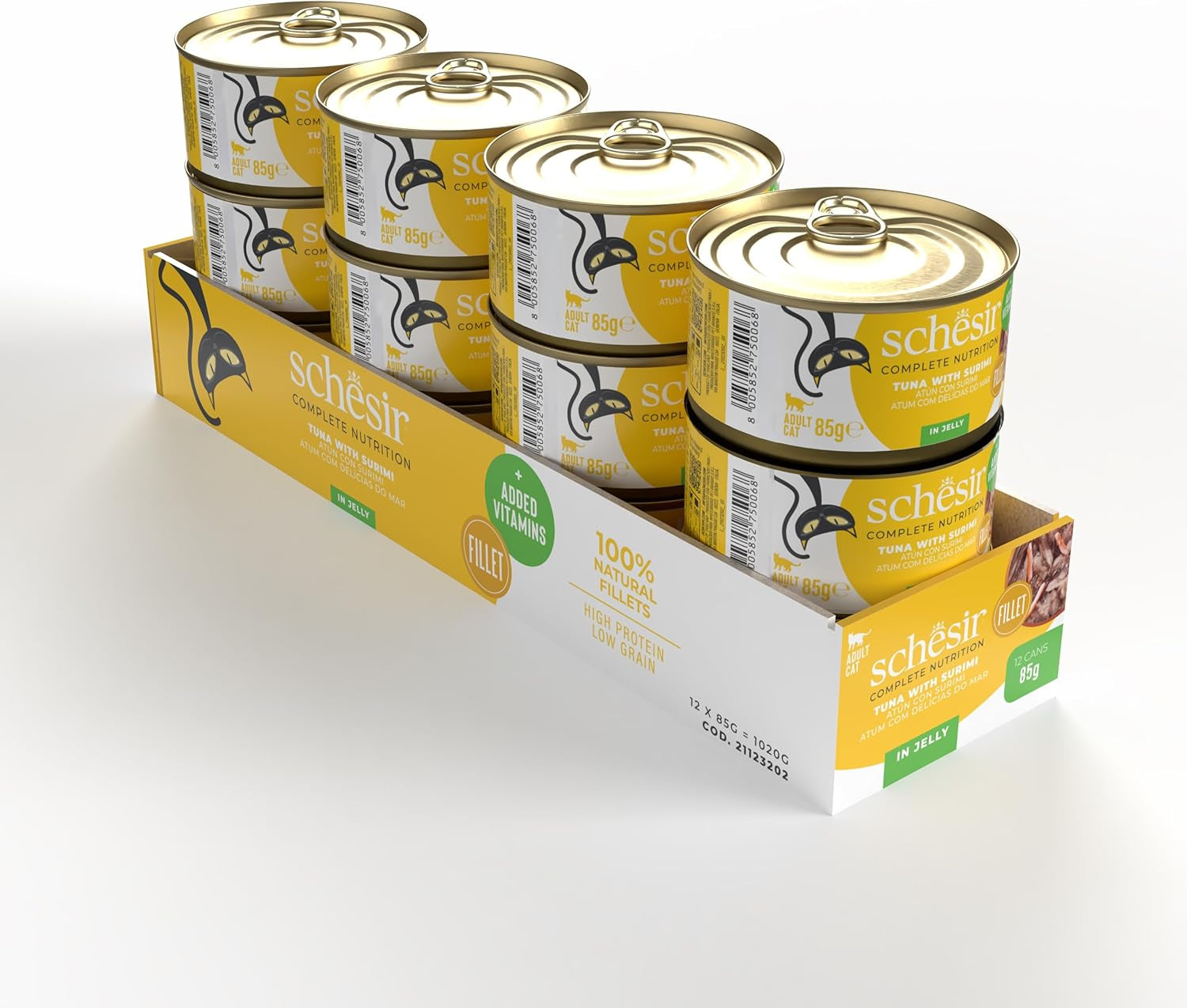 Surimi tun i gelé, våd kattefoder, dåse, 100 % naturlig, med tilsat vitaminer, 12 x 85 g