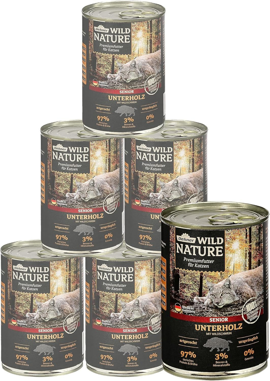 Dehner Wild Nature Katzenfutter Unterholz, Nassfutter getreidefrei / zuckerfrei, für ältere Katzen, Wildschwein, 6 x 400 g Dosis, (2,4 kg)