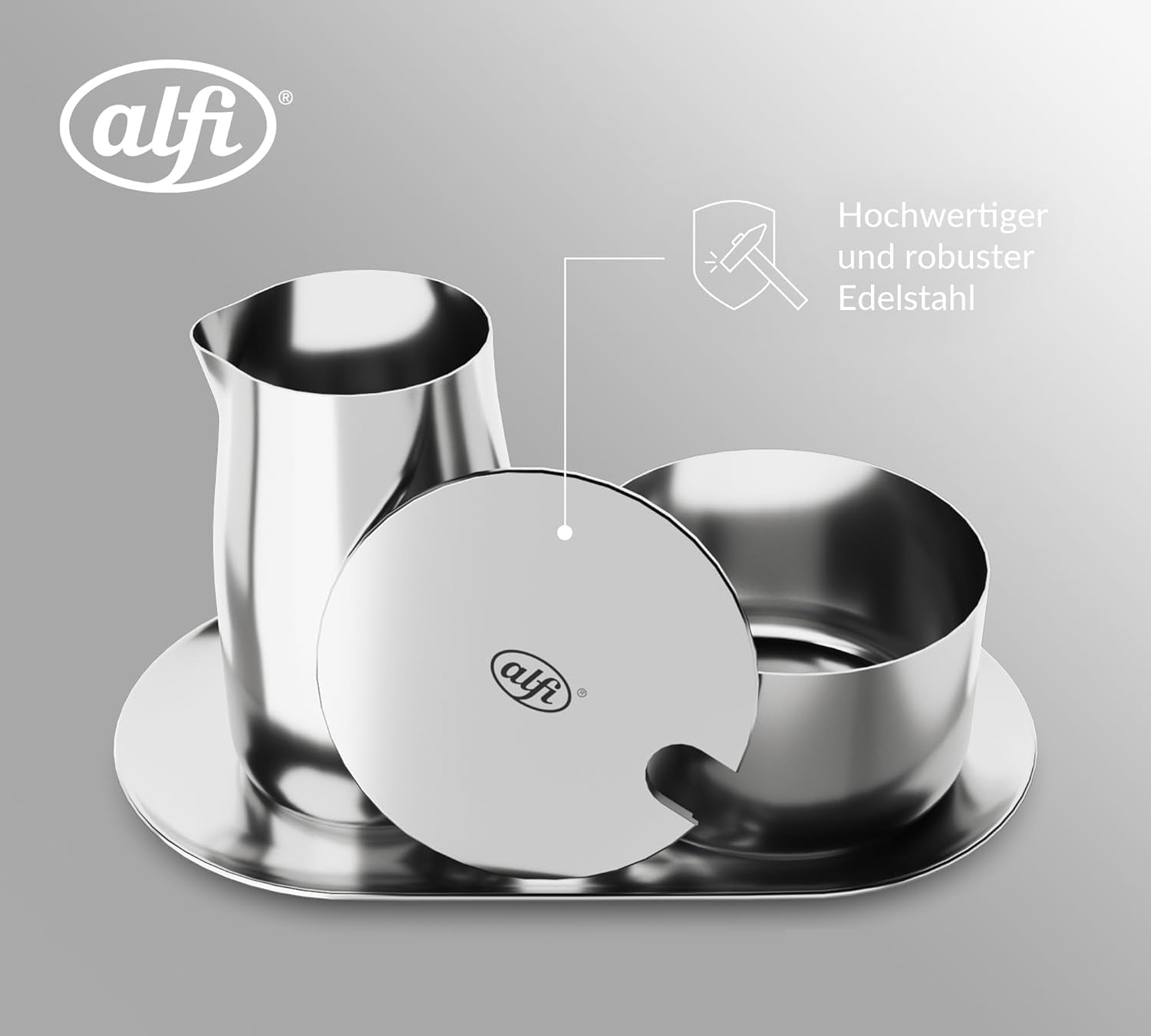 MÆLK OG SUKKER SÆT alfi højkvalitets poleret rustfrit stål mælke- og sukkersæt, elegant design, tåler opvaskemaskine, holdbart