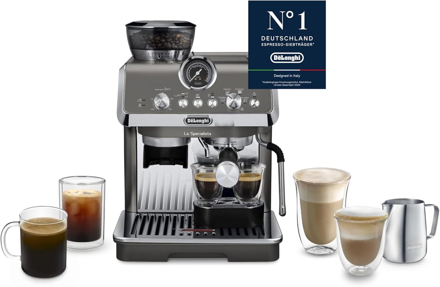 De'Longhi La Specialista Arte EC9155.MB portafilter espressomaskine med kværn, 8 maleindstillinger, 15 bar tryk, 3 temperaturindstillinger, mælkeskummer, 1550W, 1,7L tank, rustfrit stål/sort, inklusive barista kit