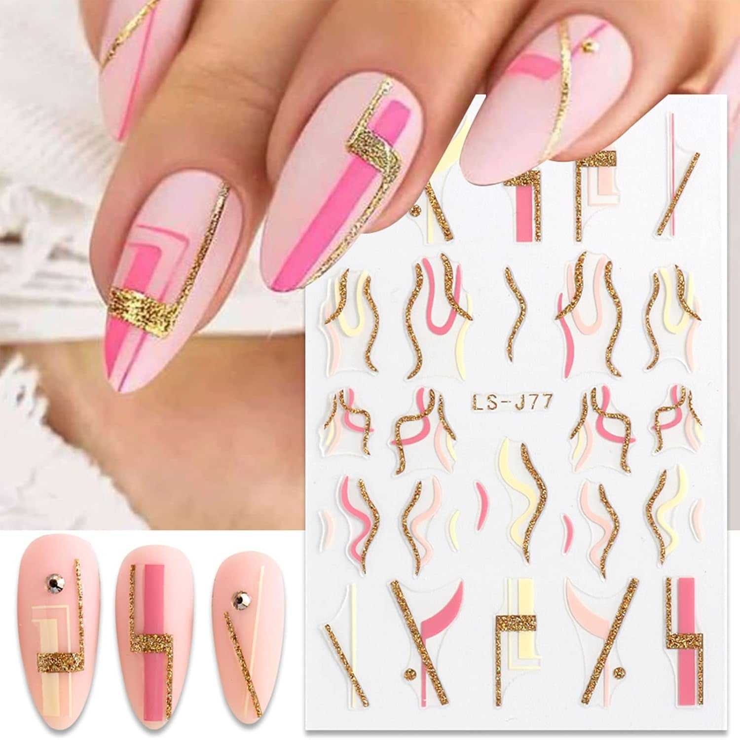 JMEOWIO Nagelsticker Französische Tipp 9 Blatt Nail Art Sticker Selbstklebend Nagelaufkleber Glitzer Wellenlinie Dekoration Nageldesign Zubehör