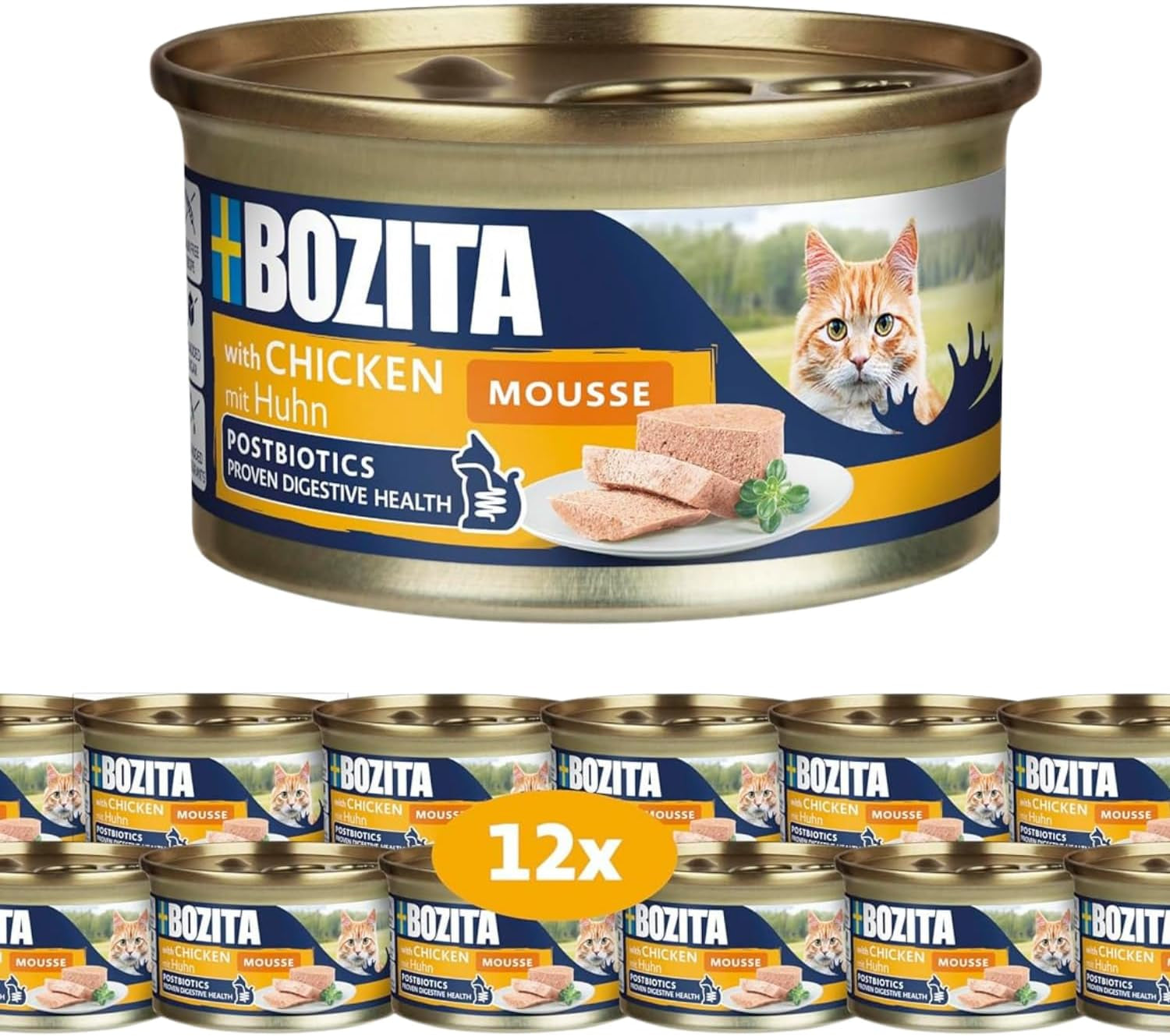 Bozita Mousse Kylling - 12 x 85 g våd kattefoder med en fin konsistens af mousse og kylling - kornfri opskrift, uden tilsat sukker - med postbiotika for at understøtte en sund tarmflora