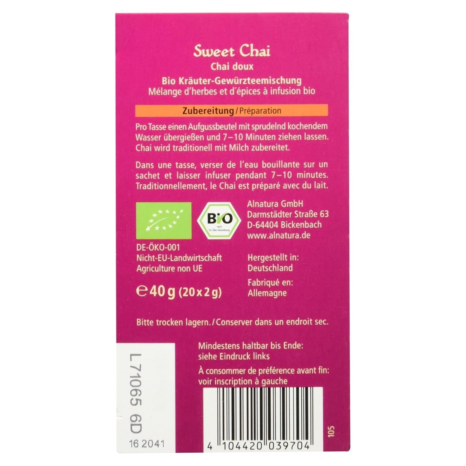 Sød Chai økologisk te, 20 teposer, 40 g (pakke med 3)