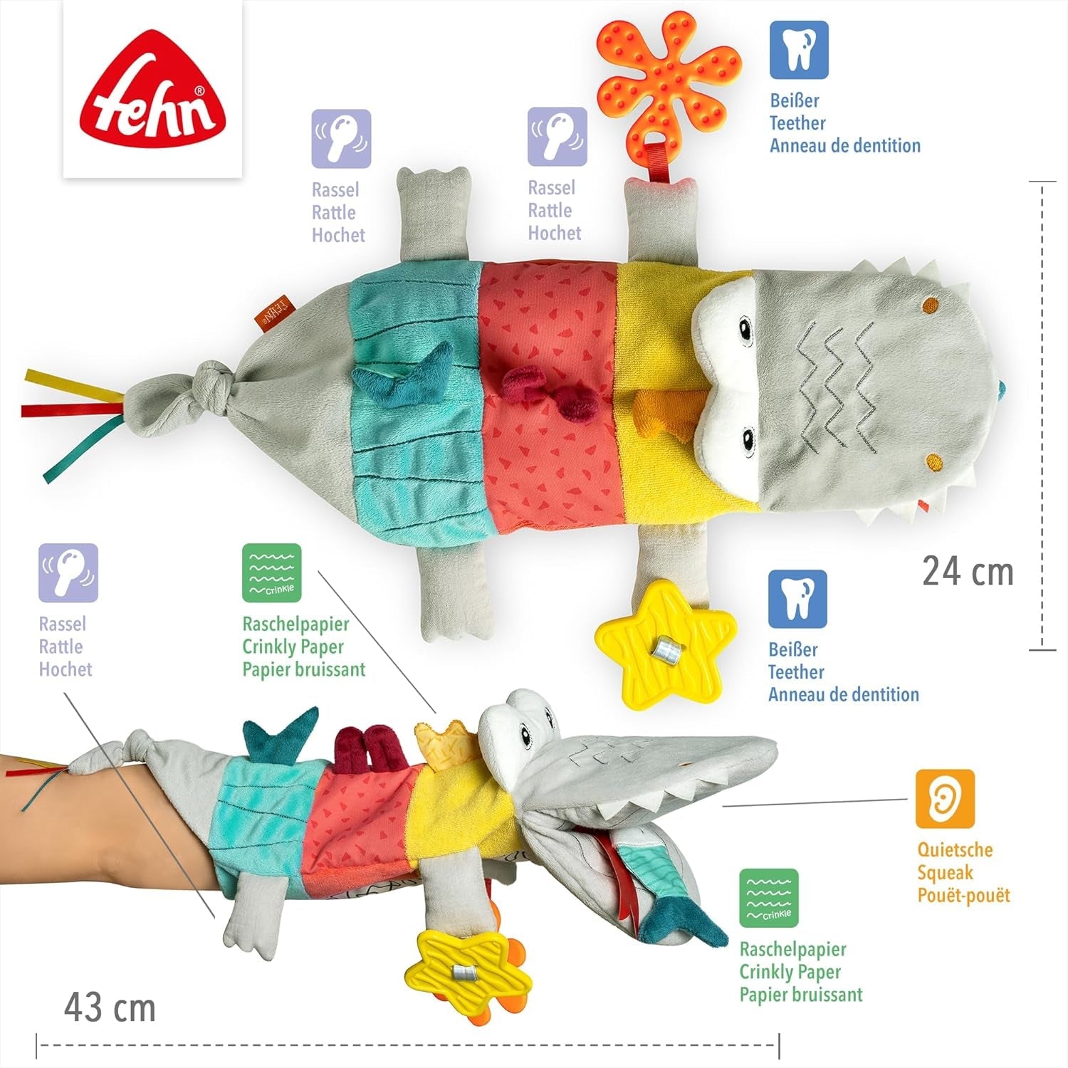 Fehn Baby Hånddukke Krokodille - Plys legetøj med rangle, raslende papir, bider og knirker - Baby hånddukke - Popping legetøj til babyer og småbørn 6+ måneder Babylegetøj Naty Shop