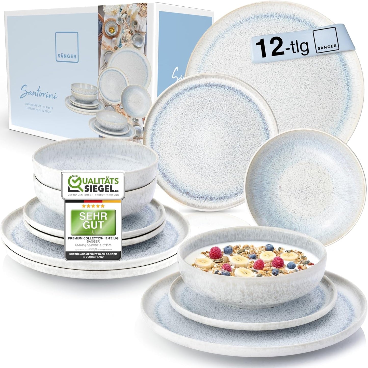SANGER | 12 stykker Santorini Spisetøj Sæt 4 Person Tallerken Sæt MEGET GOD Vurderet Stentøj Spisetøj Sæt Inklusiv middagstallerkener, Dessert tallerkener og Suma tallerkener Creme Lila Blå Gradient | PREMIUM KOLLEKTIONEN