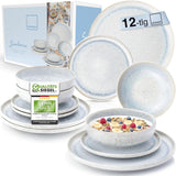 SANGER | 12 stykker Santorini Spisetøj Sæt 4 Person Tallerken Sæt MEGET GOD Vurderet Stentøj Spisetøj Sæt Inklusiv middagstallerkener, Dessert tallerkener og Suma tallerkener Creme Lila Blå Gradient | PREMIUM KOLLEKTIONEN