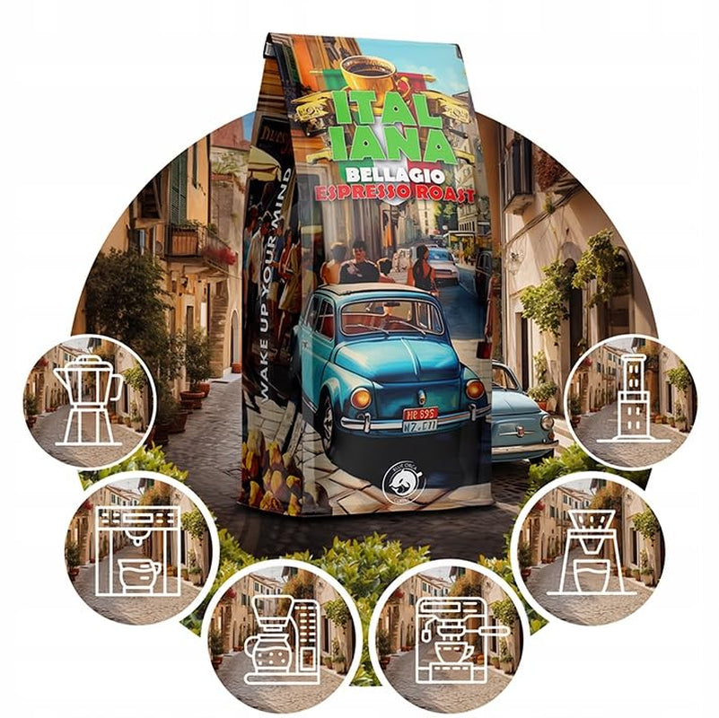 Ristede kaffebønner Italiana Bellagio 1kg | 80% Arabica og 20% ​​Robusta | med strejf af nødder og mørk chokolade | friskristet, lav syreindhold | til kaffemaskiner | Blå spækhugger kaffe