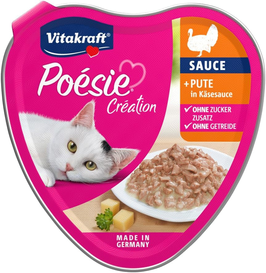 Vitakraft Poésie Création, våd kattefoder, våd kattefoder i sauce, med kalkun i ostesauce, multipak, uden tilsat sukker eller korn (15 x 85g)