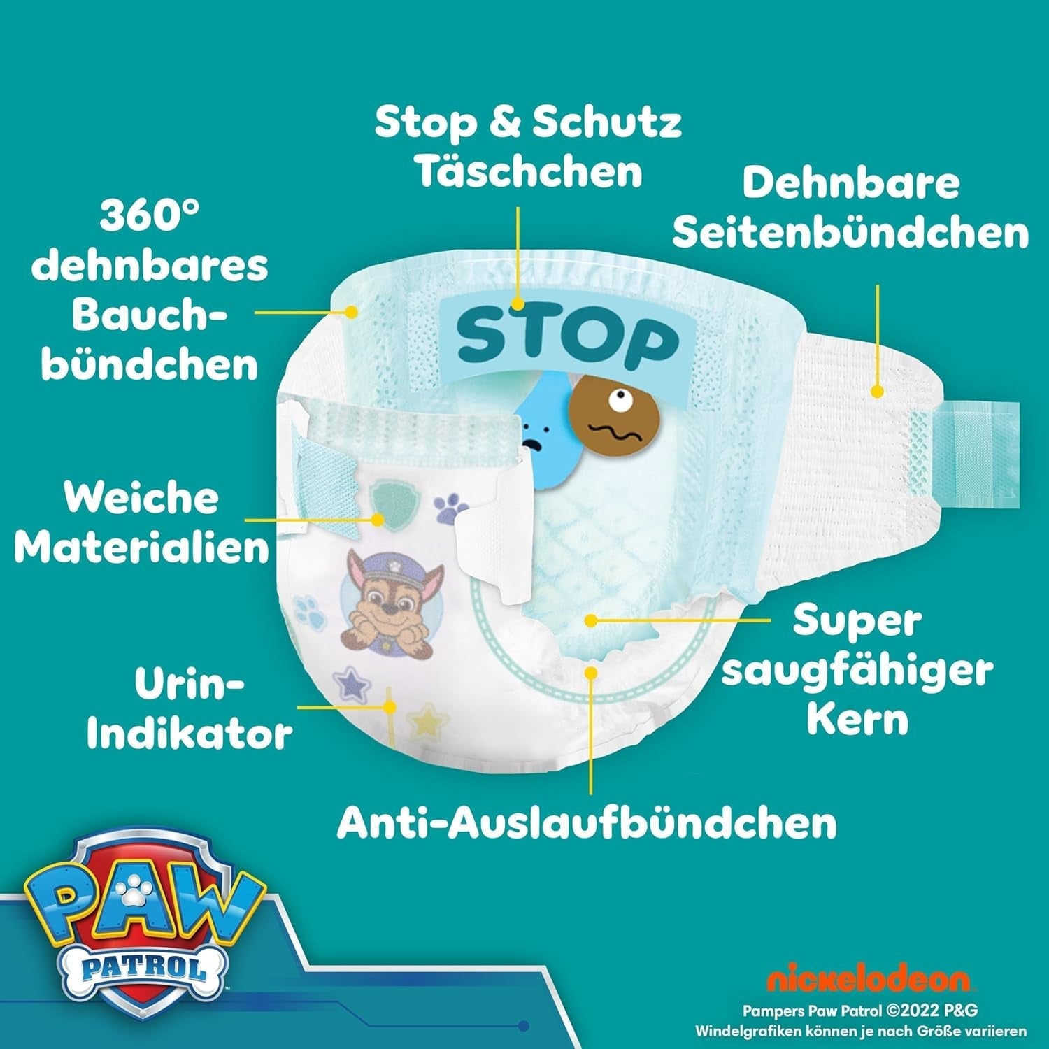 Pampers Baby-Dry Puppy Patrol Edition bleer, størrelse 6, 164 bleer, 13 kg - 18 kg, op til 100 % lækagebeskyttelse og komfort hele natten
