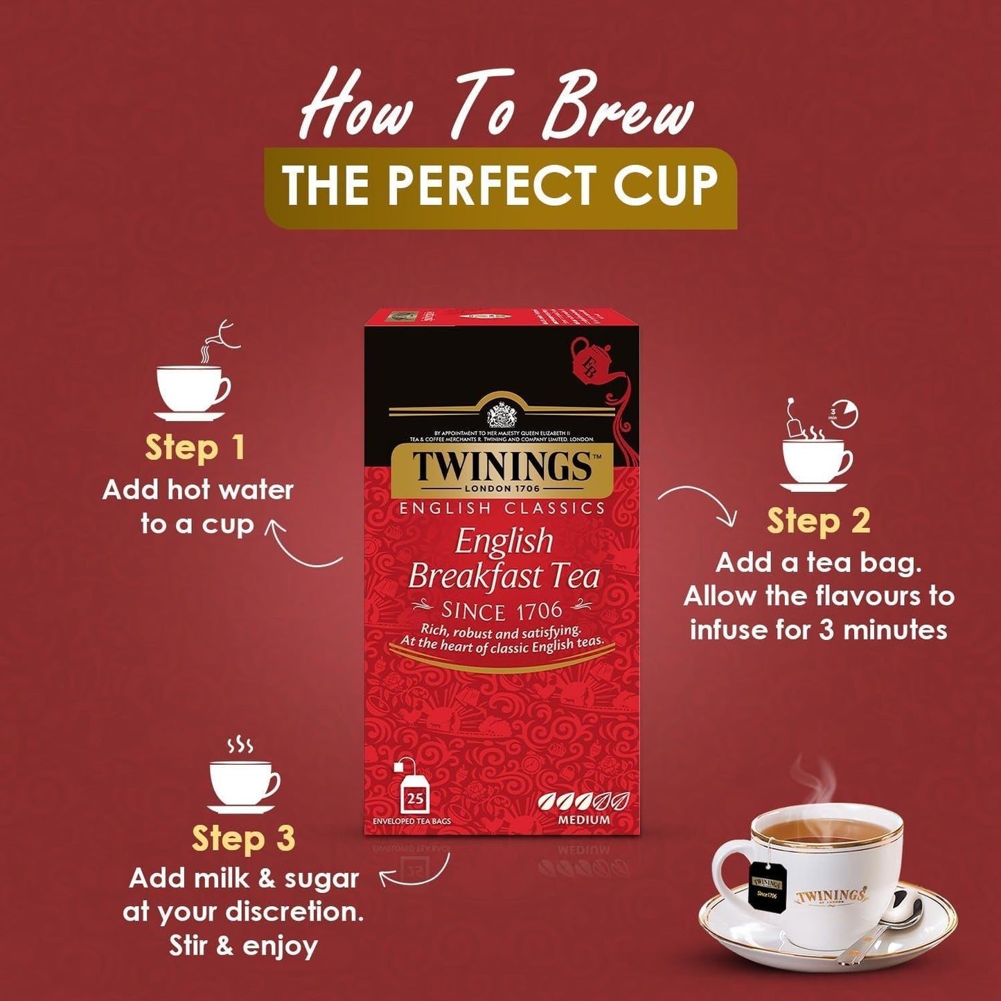 Twinings English Breakfast Black Tea 50g, 25 teposer, fyldig, rund og stærk sort te fra de bedste teplantager i Sri Lanka og Indien. Sort te Pakke med 1 (1 x 50 g)