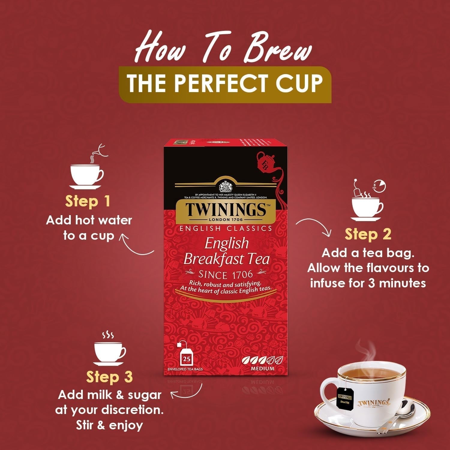 Twinings English Breakfast Black Tea 50g, 25 teposer, fyldig, rund og stærk sort te fra de bedste teplantager i Sri Lanka og Indien. Sort te Pakke med 1 (1 x 50 g)