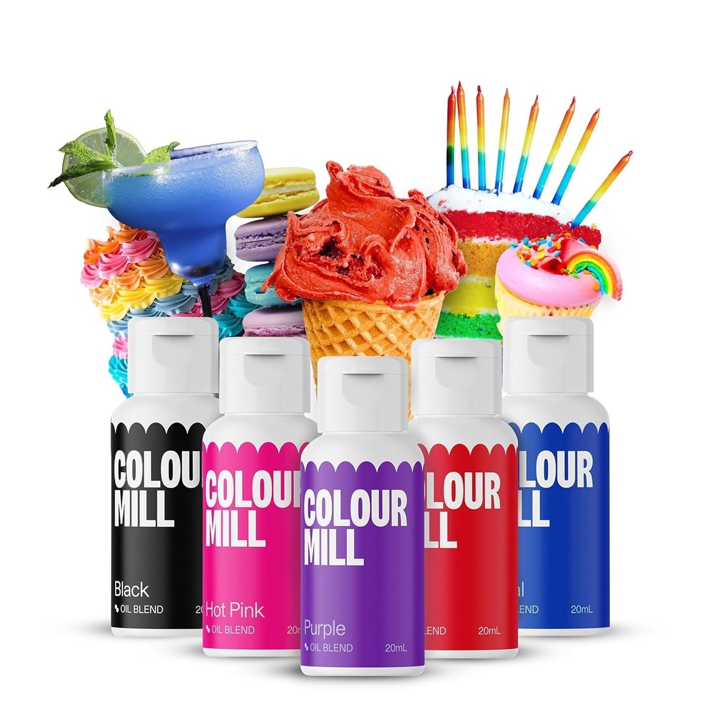 Color Mill Liquid Food Coloring Set - 5 x 20 ml oliebaseret (sort, varm rosa, lilla, rød og blå) - UV-resistent - Perfekt til bagning og som topping til kager, muffins og kagepynt