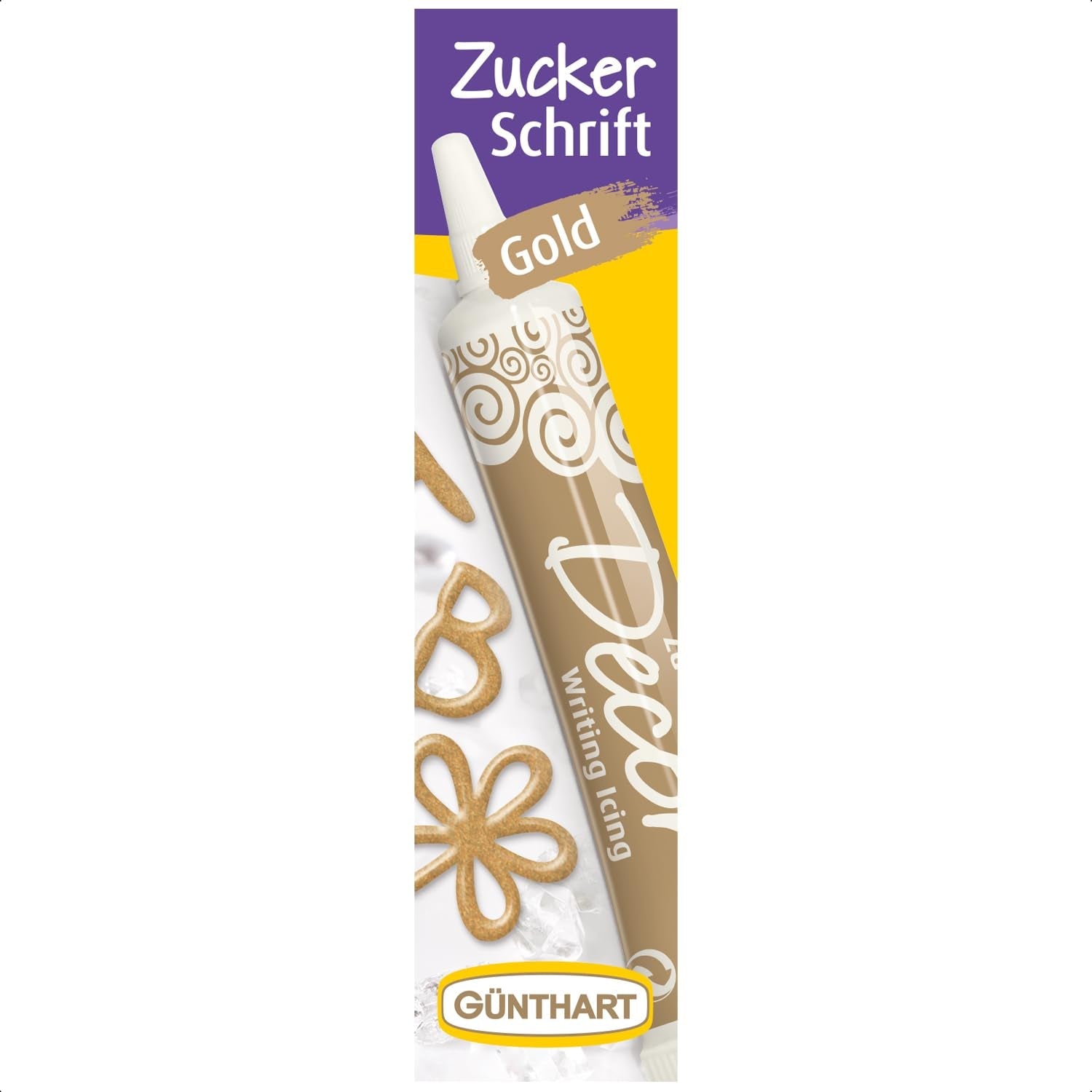 Günthart Backdecor 25 g Sukker med bogstaver GULD Til alle desserter i gylden farve Lavet af sukker til smukke bogstaver og designs, 1 pakke (25 g)