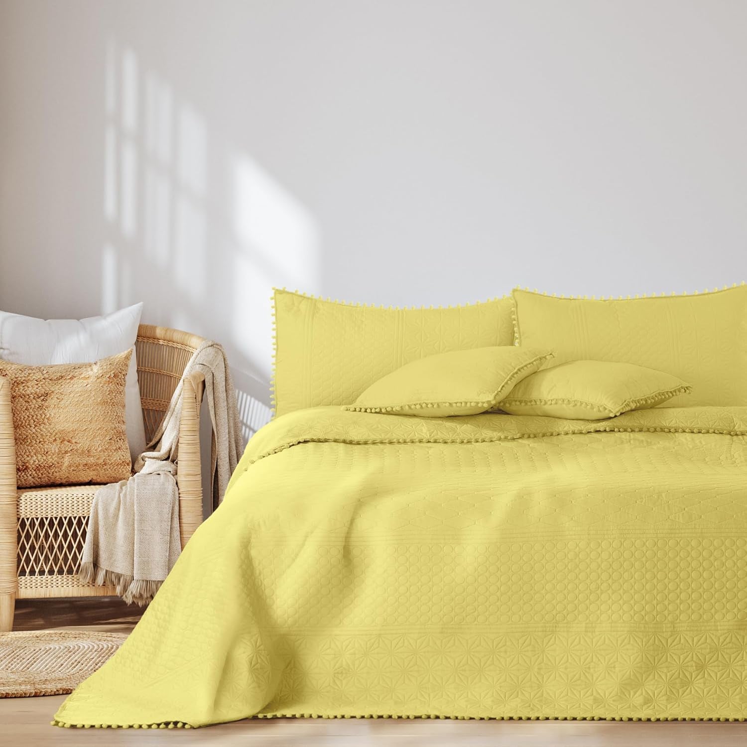 Ameliahome Sengetæppe med pomponer 220X240 Cm Dobbeltsidet sengetæppe Ultrasonic Quilting Polyester Meadore Grå Senge og tæpper Besuche den AmeliaHome-Store Meadore gul 220X240 Cm